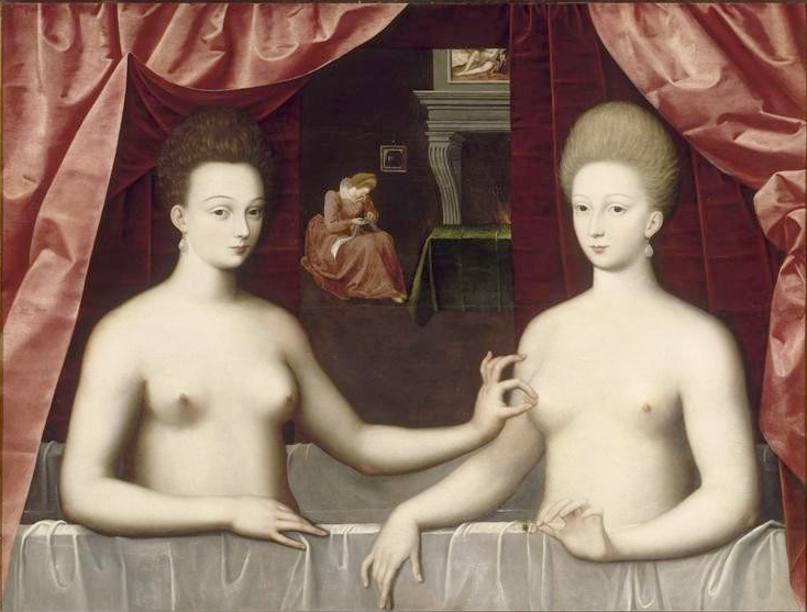Gabrielle d'Estrées (à droite) et Julienne-Hippolyte d'Estrées (École Française - vers 1594) - Le geste de Julienne-Hippolyte d'Estrées signifie que Gabrielle d'Estrées est enceinte - ce que confirme la dame en train de coudre une layette en arrière-plan - Musée du Louvre